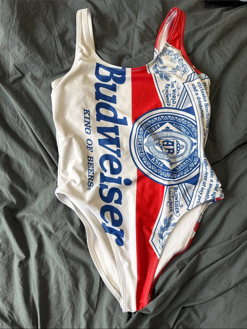 Budweiser-Inspired Women’s One-Piece Swimsuit in White and Red